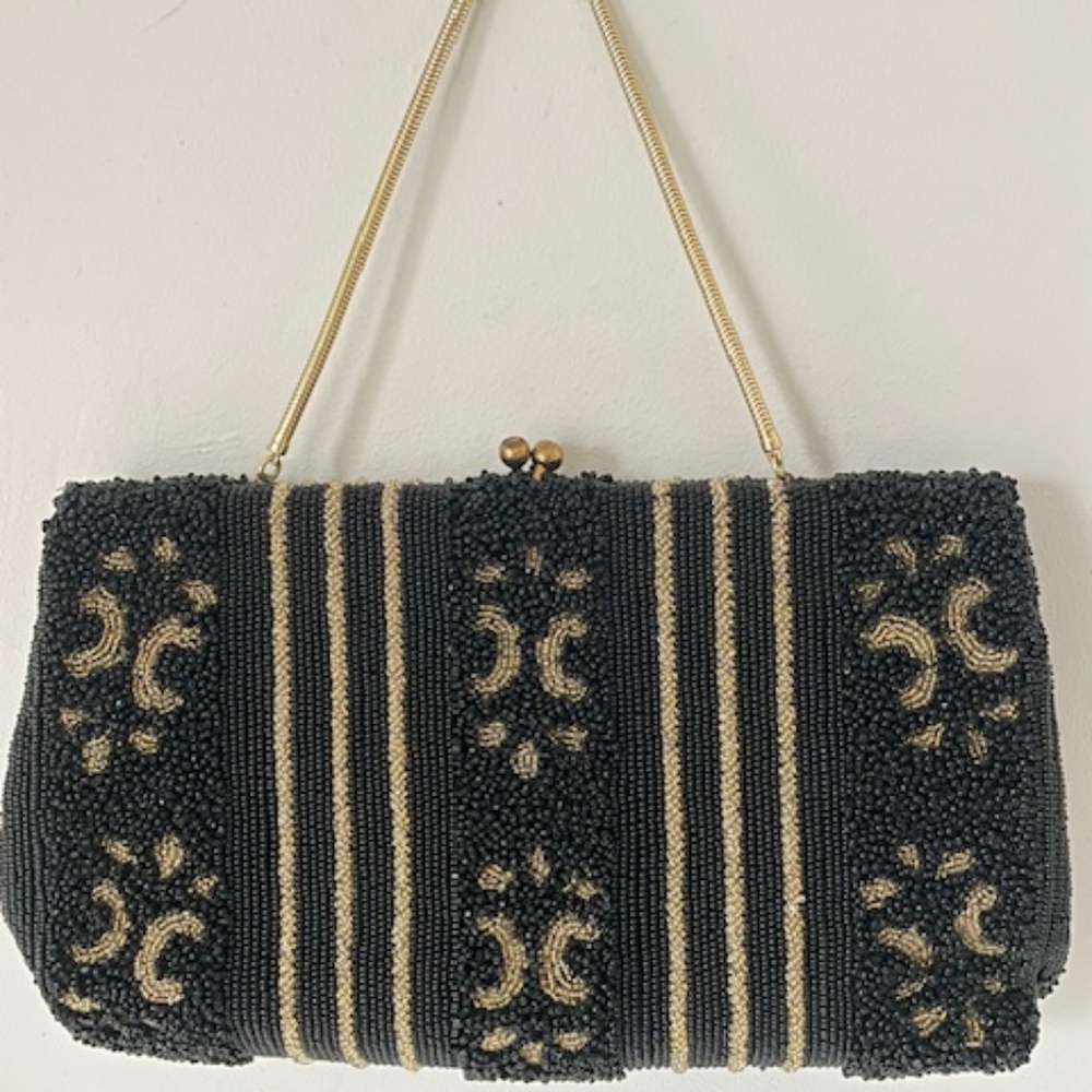 Vintage Beaded Blk & Gold Evening Bag